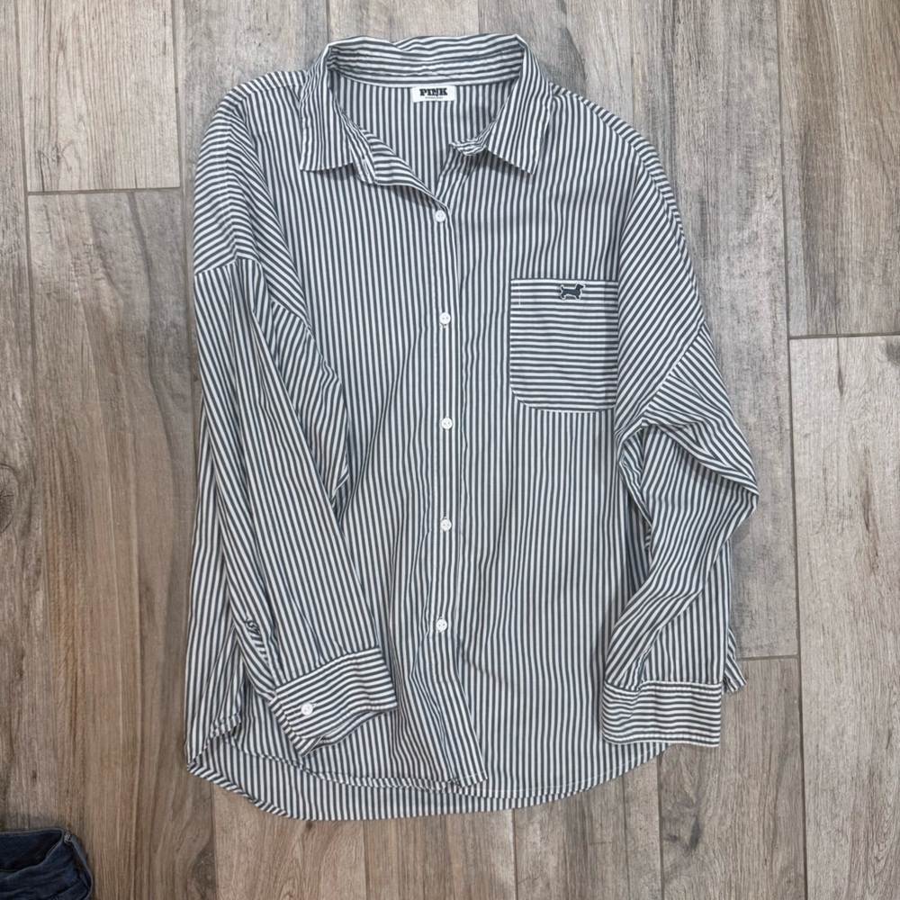 Victoria’s Secret PINK Striped Button Down Shirt Women’s Large 100% Cotton